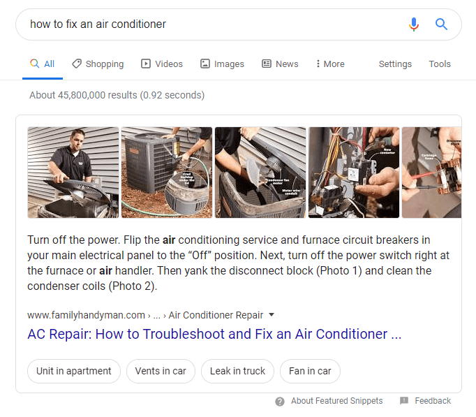 Featured snippet showing how to fix an air conditioner