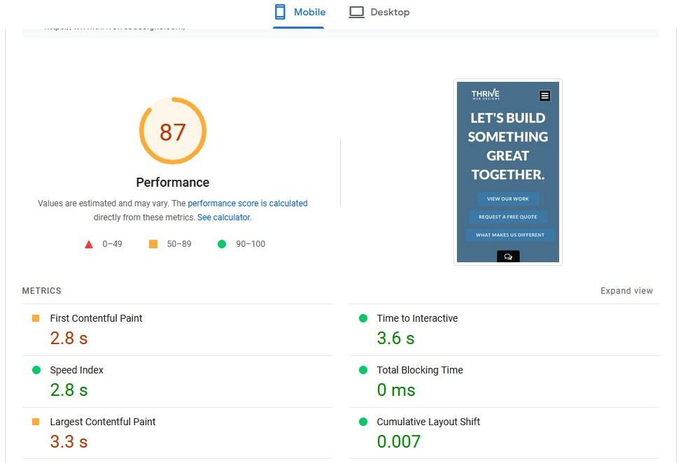 screenshot of page speed test from Page speed insights